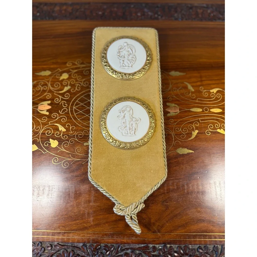 Vintage Italian Porcelain Cameo Wall Plaque • Brass Relief Velvet Wall Hanging